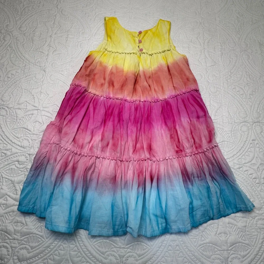 Pandemonium Girls Rainbow Tie Dye Tiered Dress Pockets Pom Pom‎ Trim Size 6X